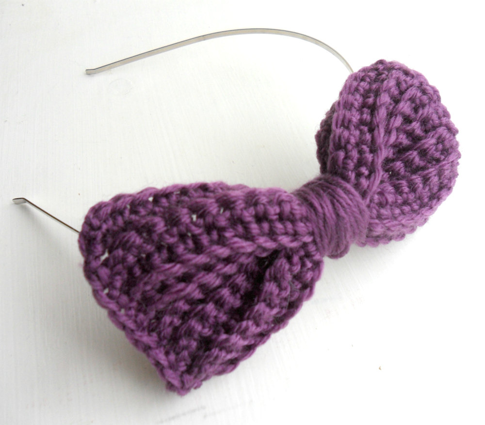 Crochet Bow Headband Purple Yarn Hairband